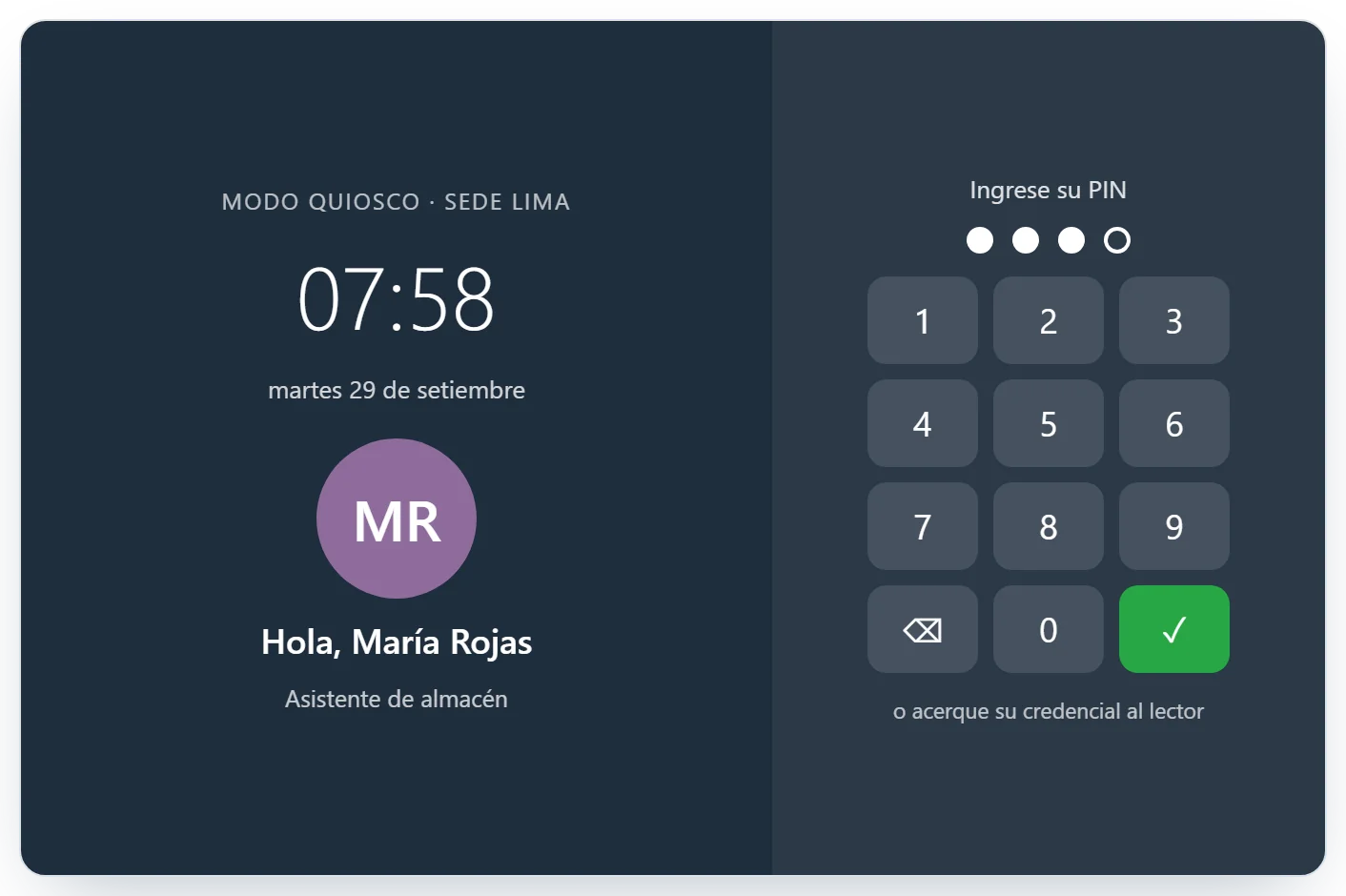 Quiosco de marcación con PIN en una tablet
